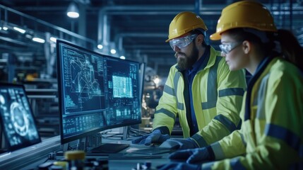 Engineers and factory workers working together on digital transformation projects, implementing AI technology and IoT solutions for a smart factory environment