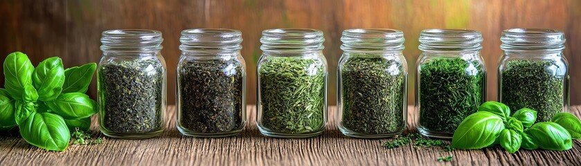 A selection of dried herbs in glass jars with fresh basil leaves on a wooden table, ideal for culinary and kitchen decor concepts.