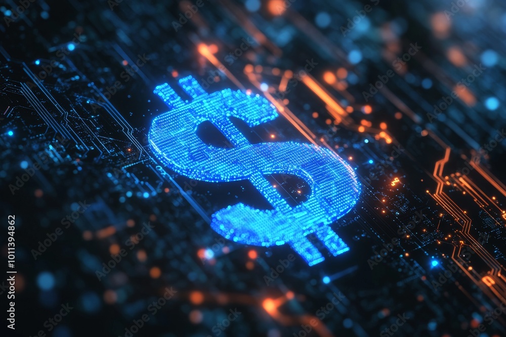 Poster 3d rendering of a glowing blue dollar hologram on a dark circuit background. the image is a concept 