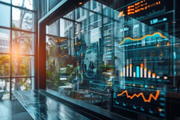 Sophisticated office environment with transparent screen showing swot analysis