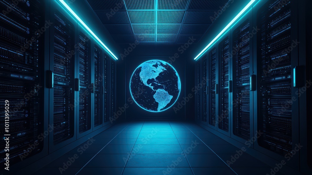 Aufkleber futuristic data center with glowing servers and digital globe projection.