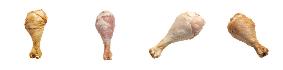 A collection of raw chicken drumsticks ready for cooking, showcasing different angles and textures, ideal for culinary imagery. on transparent cutout, PNG file