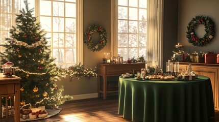 Christmas dining setup, table with green cloth, wooden console, tree, wreath, cookies, candlelight, cozy home decor, clear windows, holiday spirit