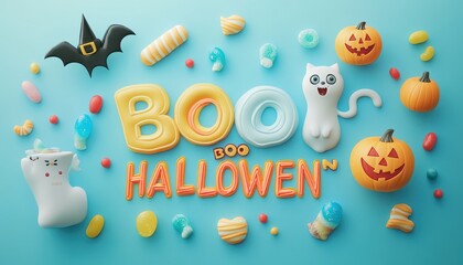Obraz premium 3D Halloween Candy and Decorations on a Blue Background