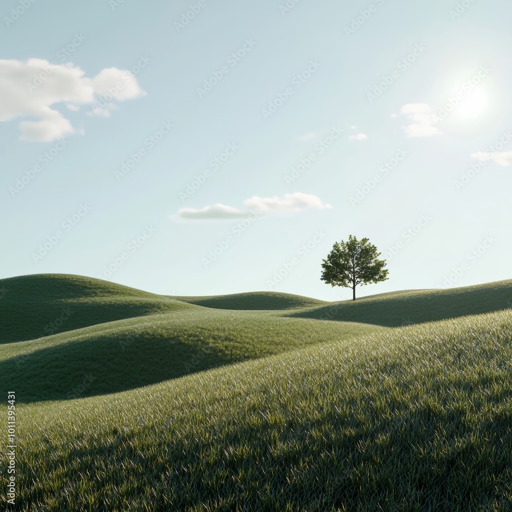 Poster a minimal 3d render of a smooth, green meadow with a small tree in the distance and a sunny sky, con