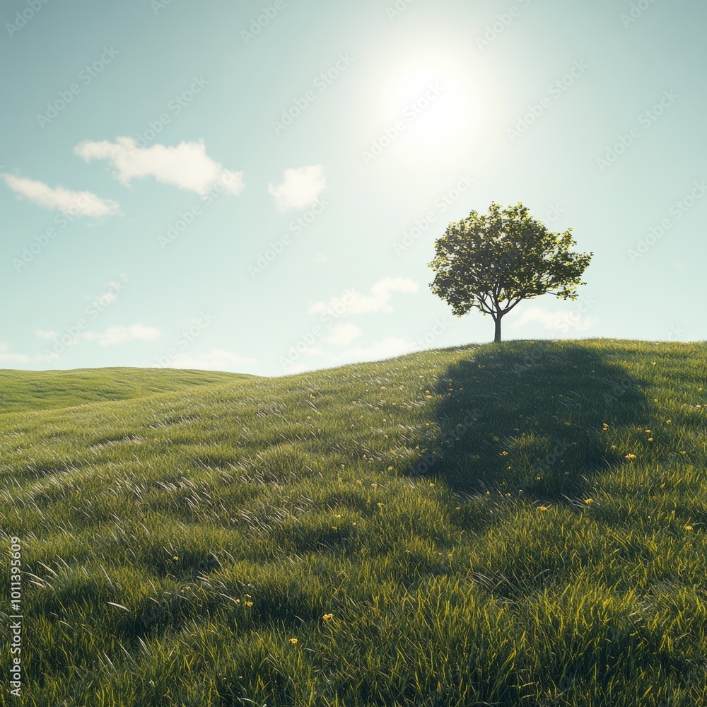 Poster a minimal 3d render of a smooth, green meadow with a small tree in the distance and a sunny sky, con