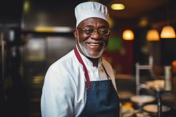 Smiling portrait of a senior male chef in professional kitchen
