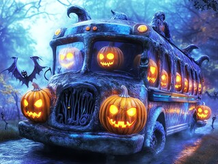 A spooky Halloween bus adorned with glowing jack-o'-lanterns travels through a misty, eerie forest, evoking a sense of mystery and fun.