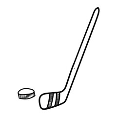 Hand drawn doodle hockey stick and puck on white background.