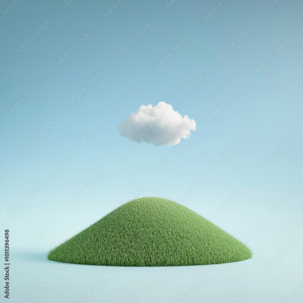 Poster a minimalistic 3d icon of a green grassy hill with a single fluffy cloud floating above in a clear b