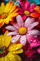 a bunch of bright colourful flowers with water droplets