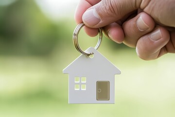 Hand holding a house-shaped keychain outdoors, symbolizing home ownership.