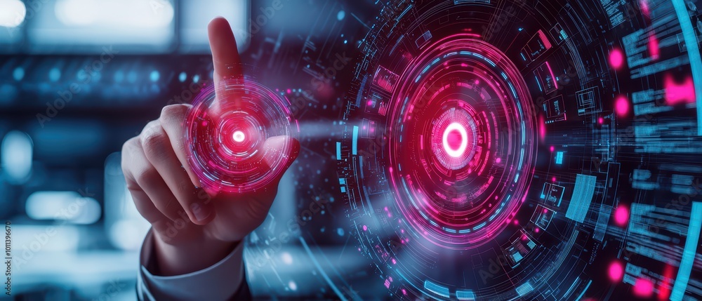 Poster hand interacting with a glowing digital interface displaying data and graphics.