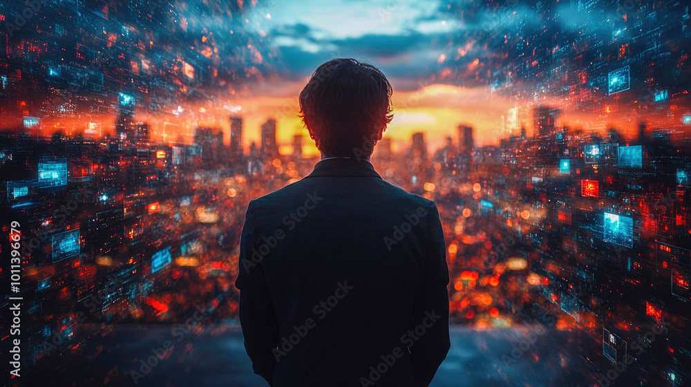 Poster businessman in a room with multiple screens displaying cityscapes, representing technology, surveill