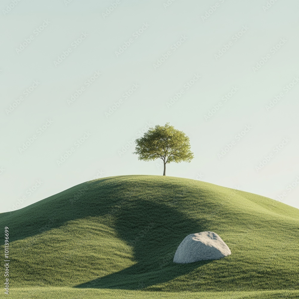 Poster a minimalistic 3d render of a grassy hill with a single tree and a small rock, representing nature s