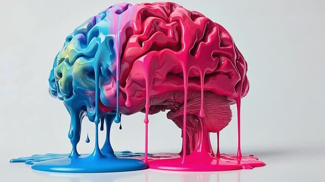 Human brain covered in dripping pink and blue paint