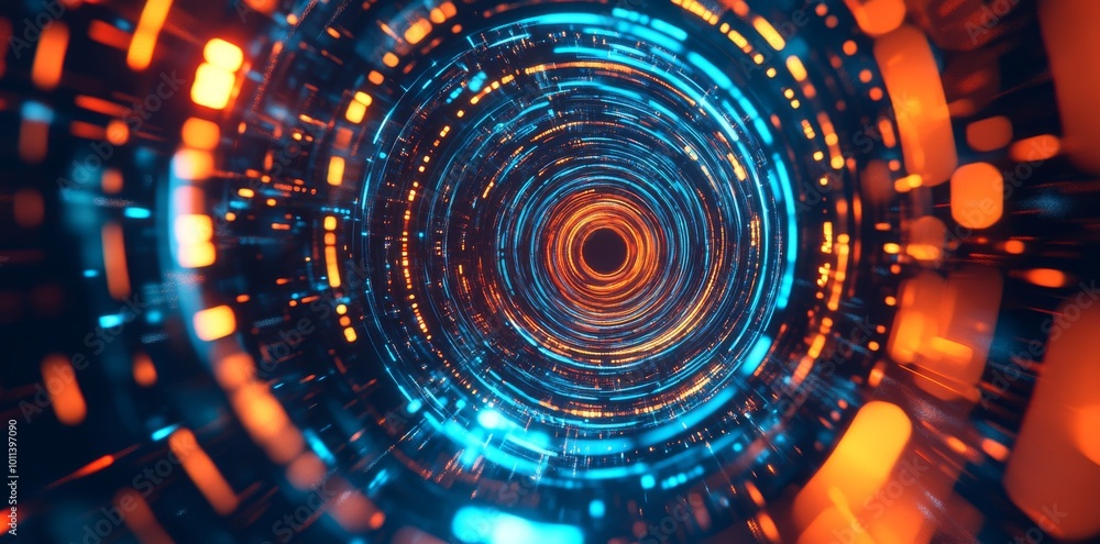 Poster 360 degree panoramic view with glowing round illuminated lines. motion blur.