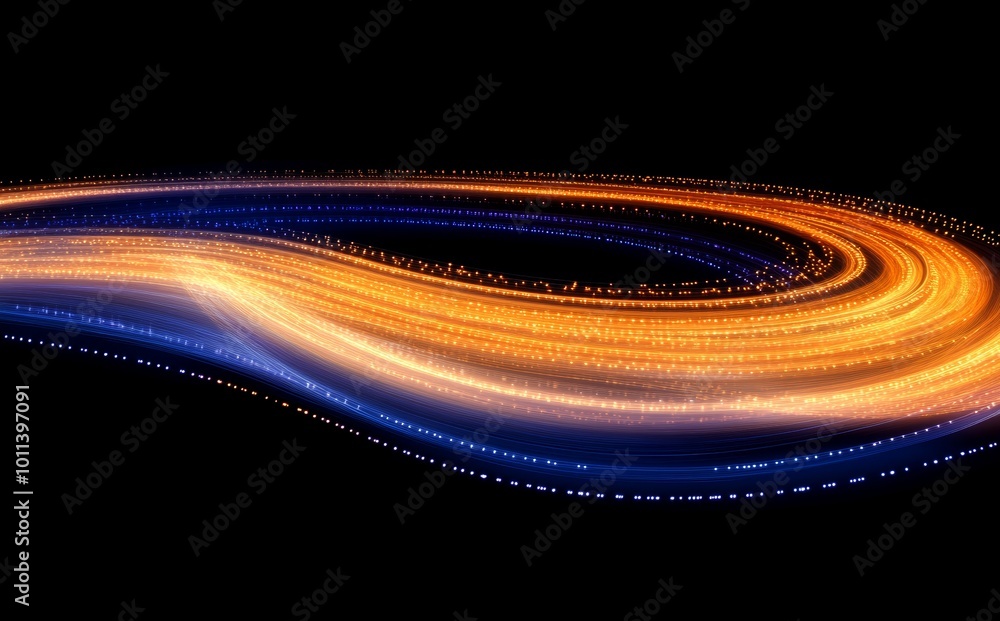 Poster three-dimensional rendering of glowing round illuminated lines with motion blur.