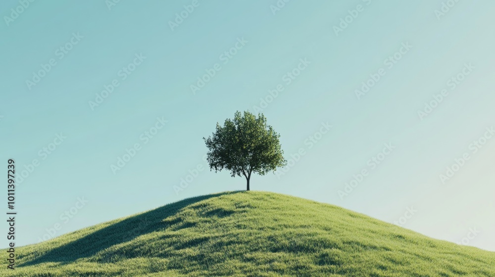 Poster a simple 3d render of an isolated hill with a single tree and clear blue sky, emphasizing minimalism