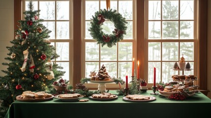 Holiday dining room composition, green tablecloth, wooden console, Christmas tree, wreath, cookies, candle in candlestick, cozy festive decor, clear windows