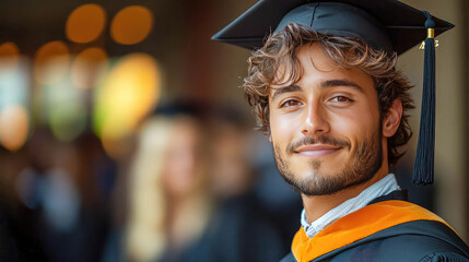Smiling male graduate wearing cap and gown during a graduation ceremony. Celebration of academic success and educational achievement