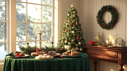 Holiday dining room composition, green tablecloth, wooden console, Christmas tree, wreath, cookies, candle in candlestick, cozy festive decor, clear windows