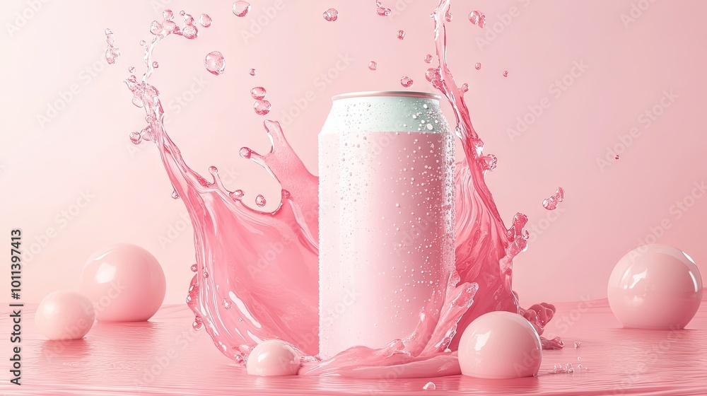 Poster a mockup of a drink can with a dynamic liquid splash on a pastel background, creating a vibrant and 
