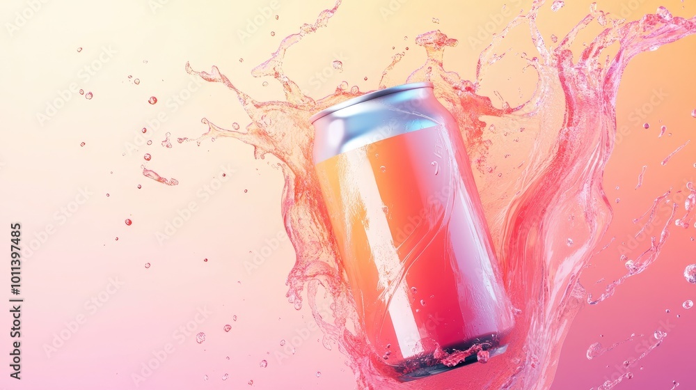 Poster a mockup of a drink can with a dynamic liquid splash on a pastel background, creating a vibrant and 