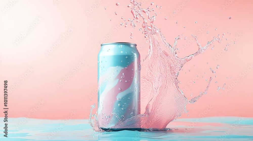 Poster a mockup of a drink can with a dynamic liquid splash on a pastel background, creating a vibrant and 