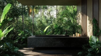 A modern black stone countertop surrounded by dense jungle greenery, ideal for presenting beauty products in a natural,