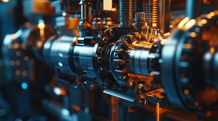 Fototapeta premium A modern industrial engine in focus, showcasing the intricate design and mechanical prowess essential for large-scale production.