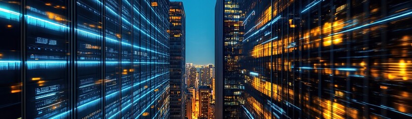 A cityscape of tall buildings with lights moving through the windows