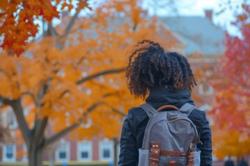 Back view of a black female student with backpack standing on college campus at fall