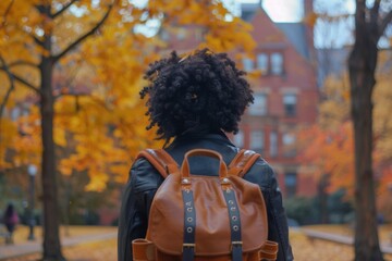 Back view of a black female student with backpack standing on college campus at fall