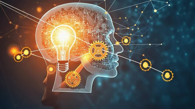 Businessman touching digital artificial intelligence head with lightbulb inside