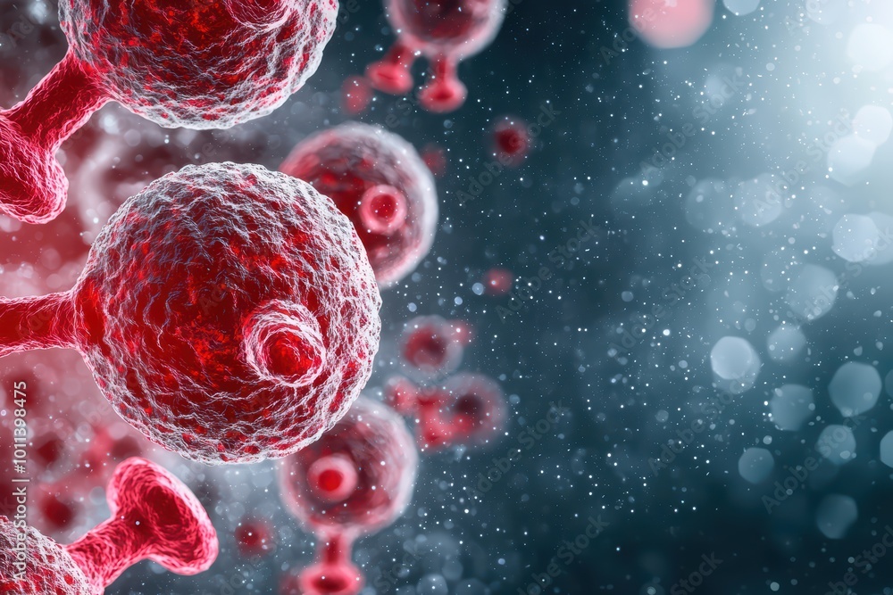 Poster microscopic view of red cells with glowing particles on a dark background.