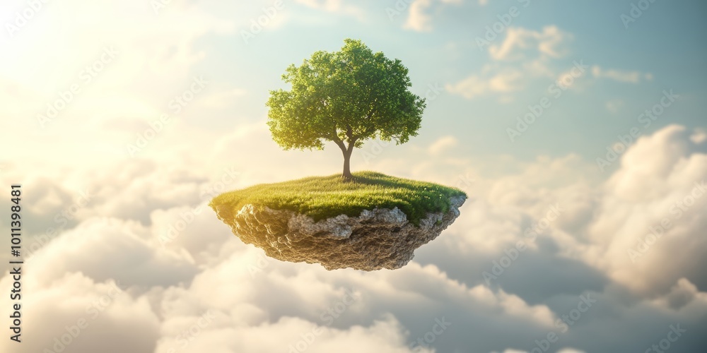 Poster a stylized 3d icon of a small floating island with a tree and grassy patch, surrounded by clouds and