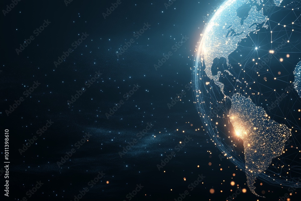 Poster planet with glowing polygonal grids on dark background. globe, globe map, communication, global netw