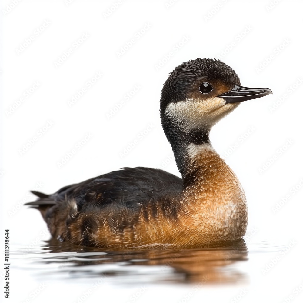 Poster small, rounded bird swims in calm waters, its distinctive features highlighted against a clean, whit