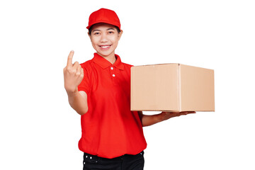 Smiling asian delivery courier woman holding boxed packages and showing beckoning hand gesture isolated transparent