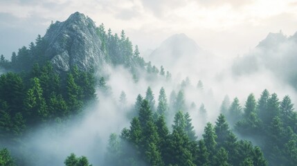 A stylized 3D render of a foggy forest landscape with low-lying clouds and a rocky mountain, evoking mystery and calm