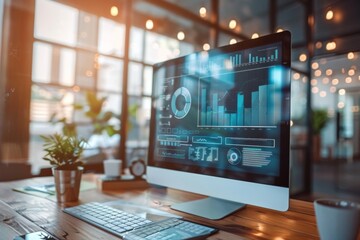 Sophisticated office environment with transparent screen showing swot analysis