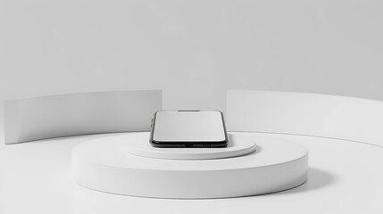 realistic phone photos on podium white background