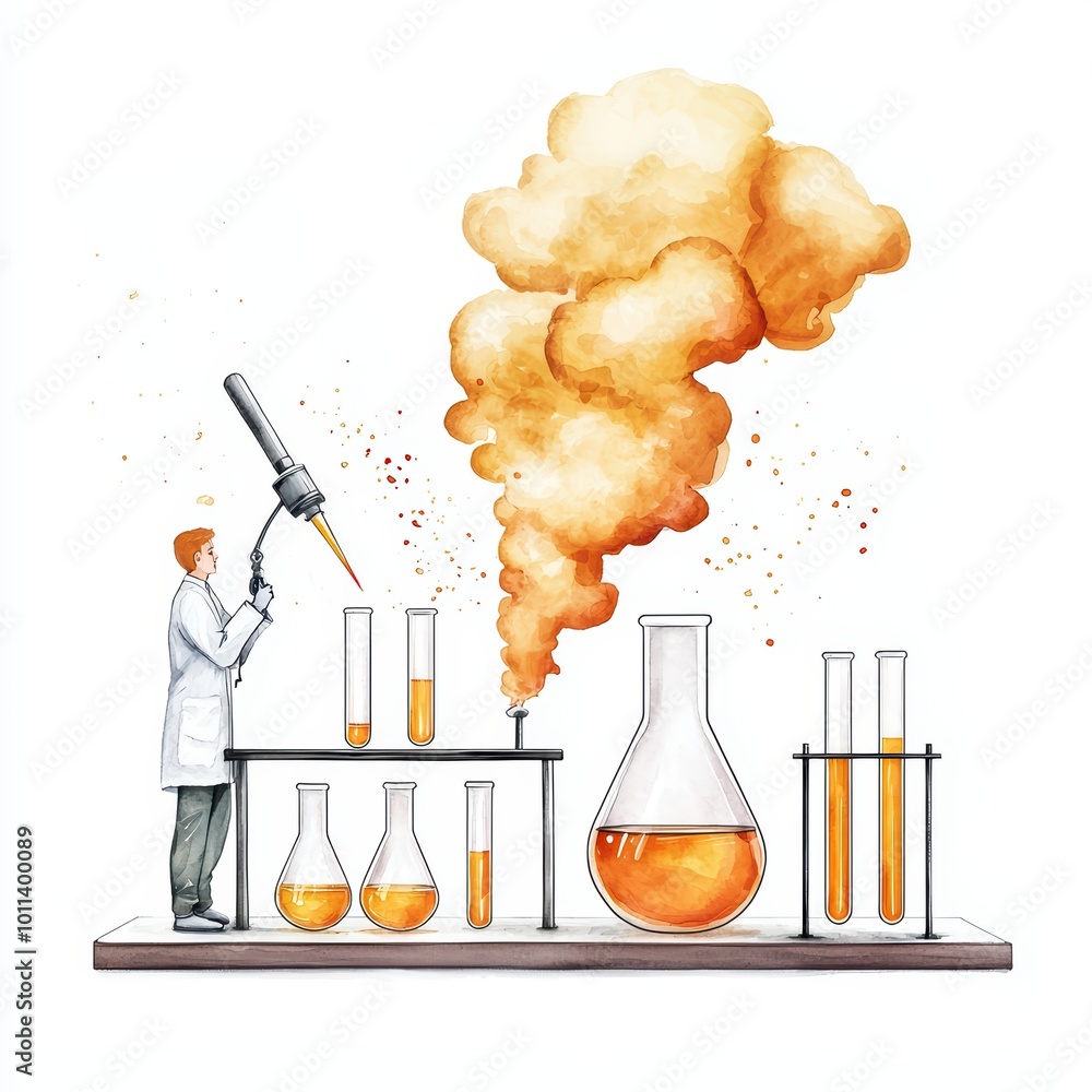 Poster scientist conducting experiment with colorful liquids and smoke, white isolate background