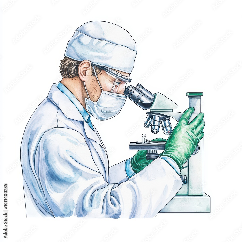 Poster scientist examining samples with microscope in laboratory, white isolate background