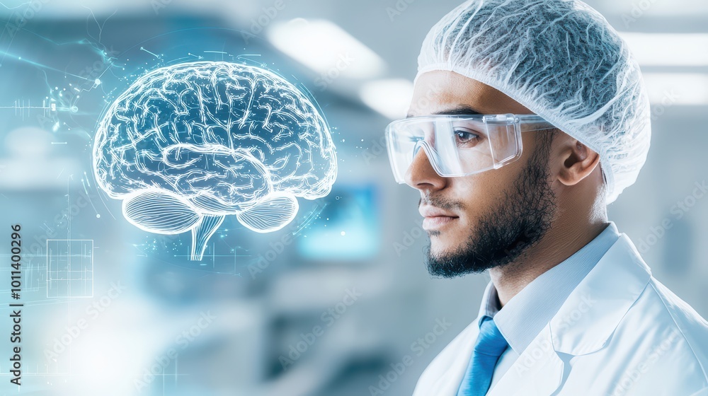 Aufkleber scientist observing digital brain interface in modern laboratory.
