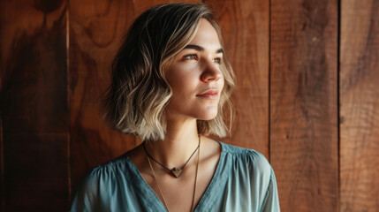 Fototapeta premium Stylish individual with ash hair and a teal blouse against a wooden backdrop