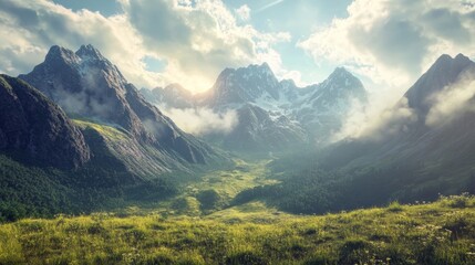 Obraz premium A stylized 3D scene of a mountain range and a grassy valley with low clouds and a sunbeam shining through, evoking adventure