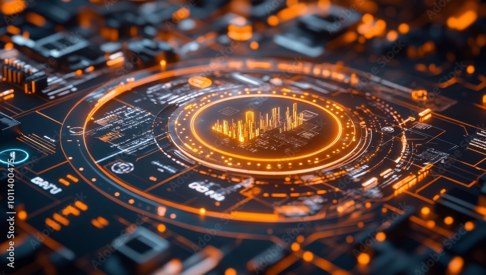 Poster an advanced visual user interface with digital holographic city buildings, sight, data, and motion c
