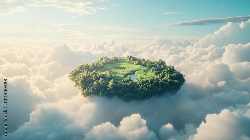Poster a surreal 3d render of a floating green island surrounded by clouds and illuminated by soft sunlight